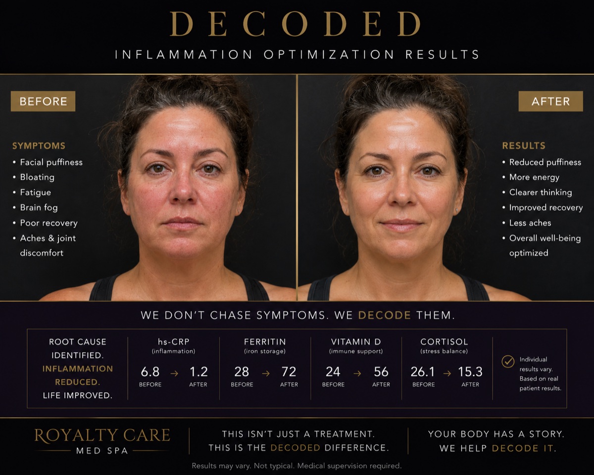 Royalty Care inflammation optimization before and after: reduced puffiness and improved functional lab markers in a real patient